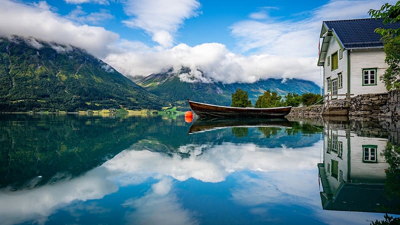 HD wallpaper summer at a norwegian fjord house reflections clouds trees sky water mountains